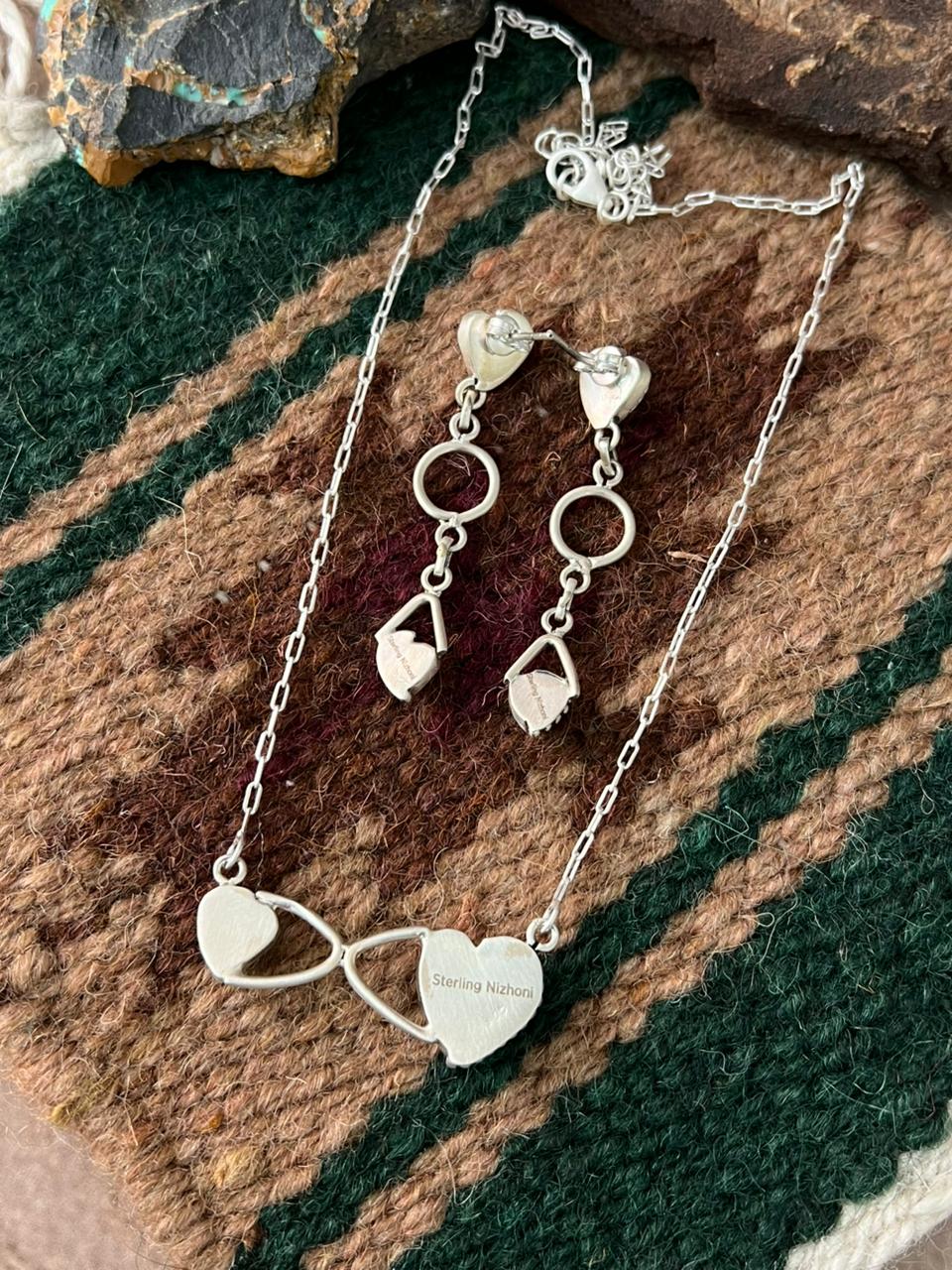 Handmade Sterling Silver Mama Collection: Wild horse Magnesite with Kingman Turquoise Infinity Necklace Earrings Set "Signed Nizhoni"