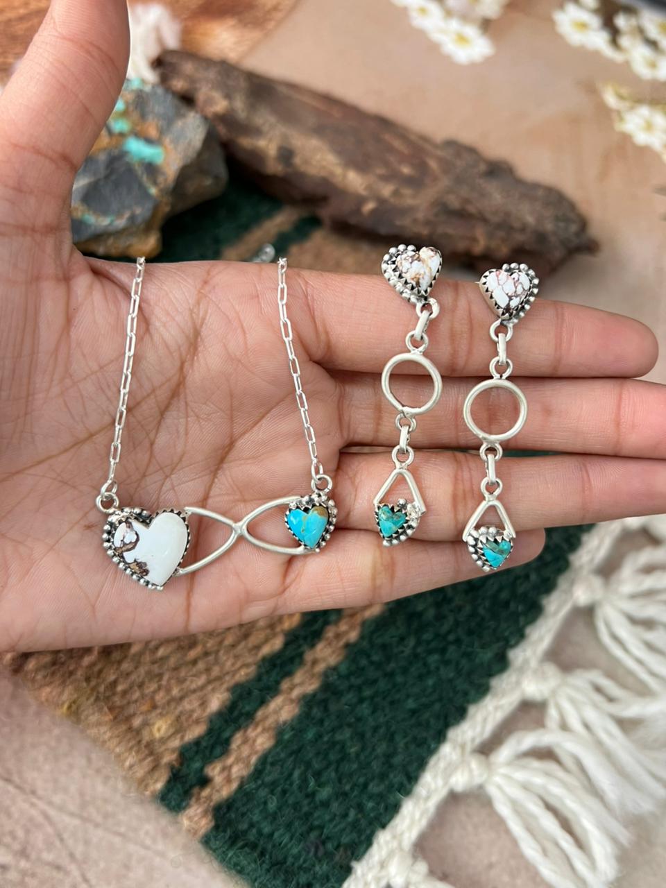 Handmade Sterling Silver Mama Collection: Wild horse Magnesite with Kingman Turquoise Infinity Necklace Earrings Set "Signed Nizhoni"