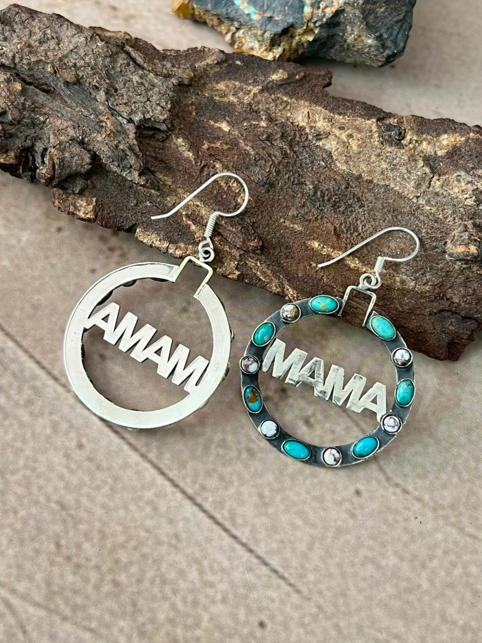 Handmade Sterling Silver Mama Collection: Kingman Turquoise with Wild horse Magnesite Hoop Dangle Earrings