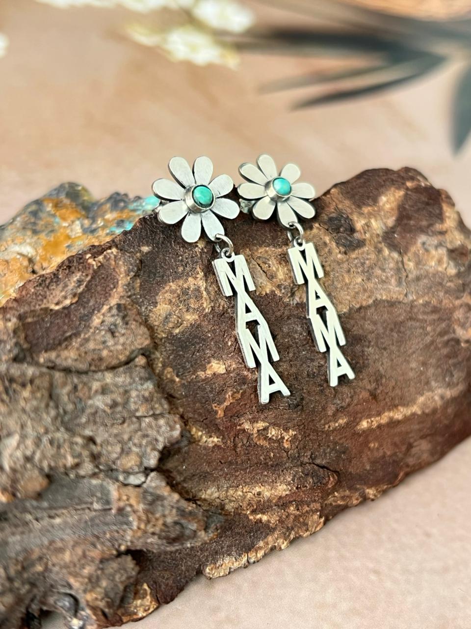 Handmade Sterling Silver Mama Collection: Kingman Turquoise Post Dangle Flower Earrings