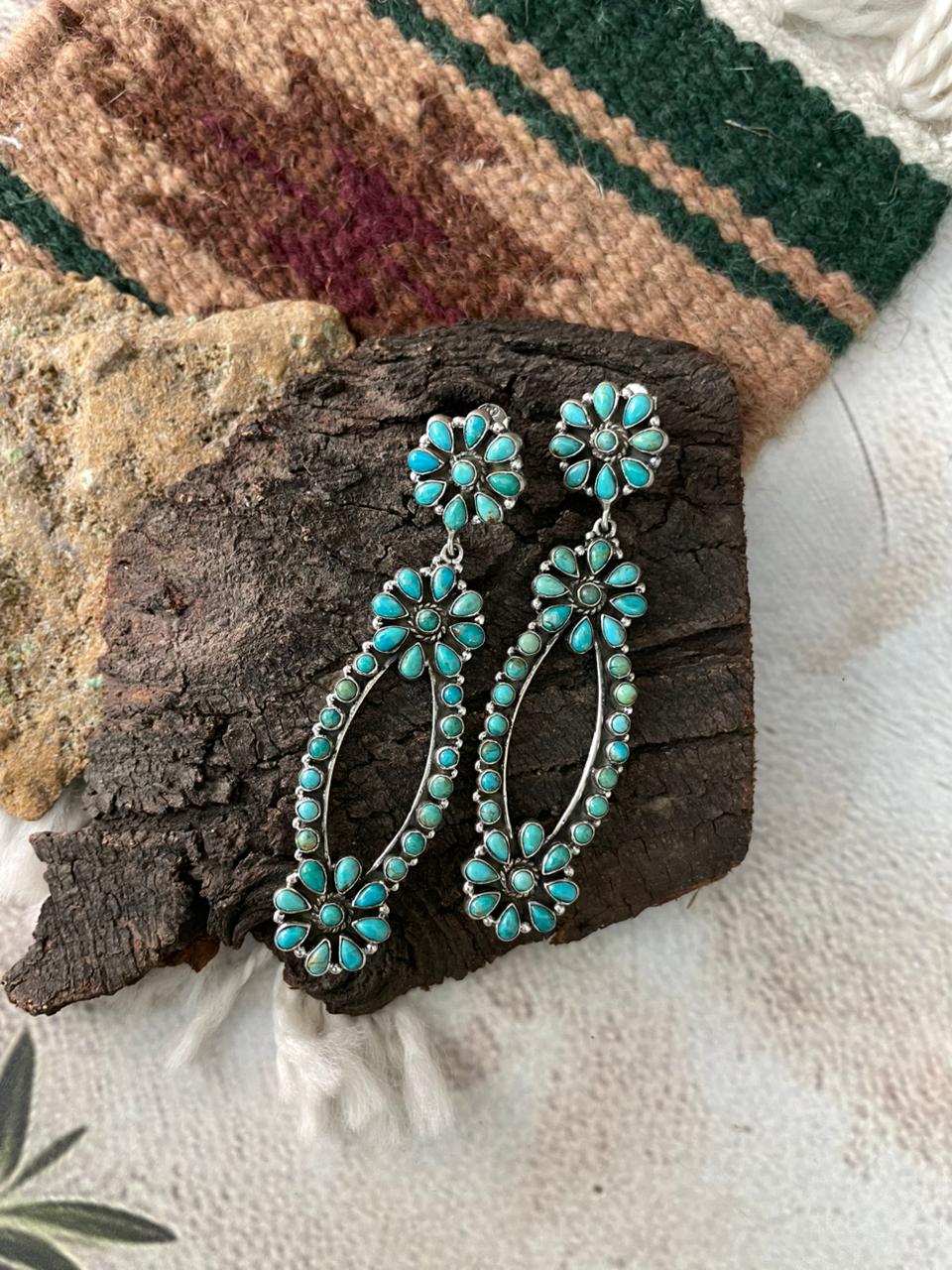Handmade Sterling Silver Kingaman Turquoise Post Dangle Earrings "Signed Nizhoni"