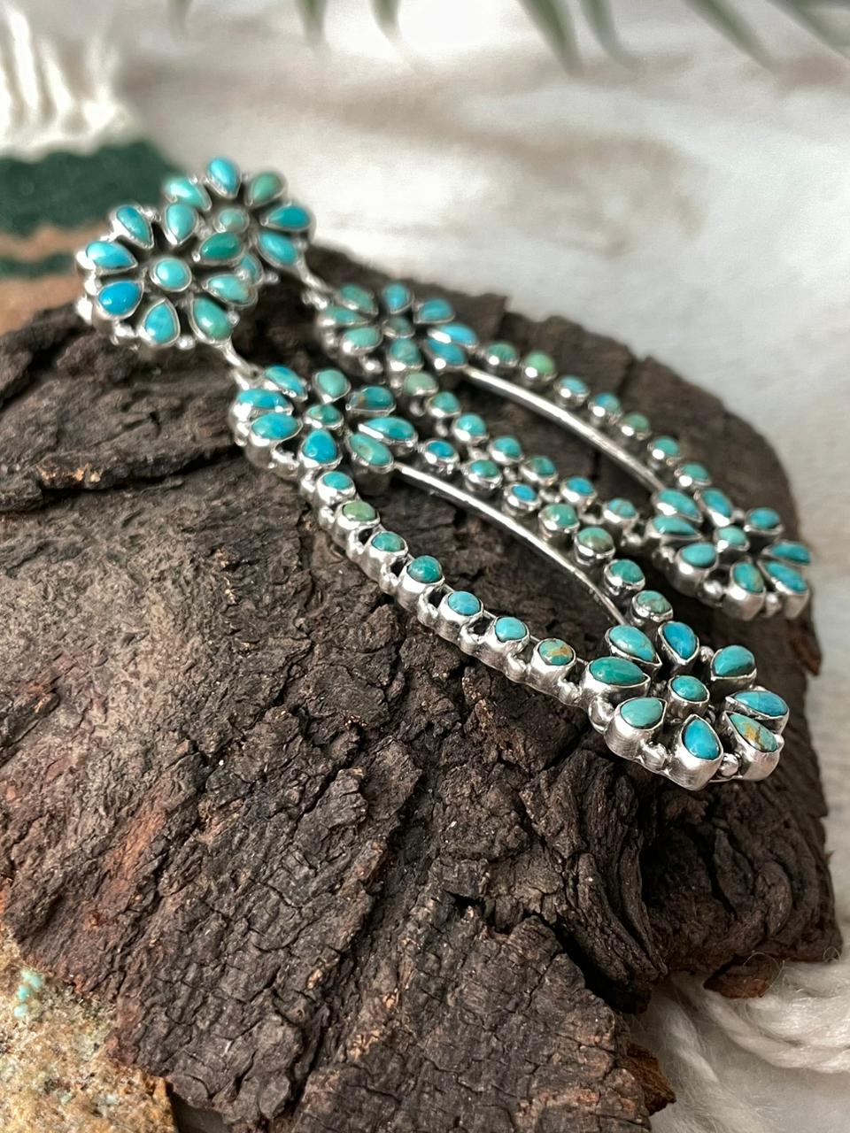 Handmade Sterling Silver Kingaman Turquoise Post Dangle Earrings "Signed Nizhoni"