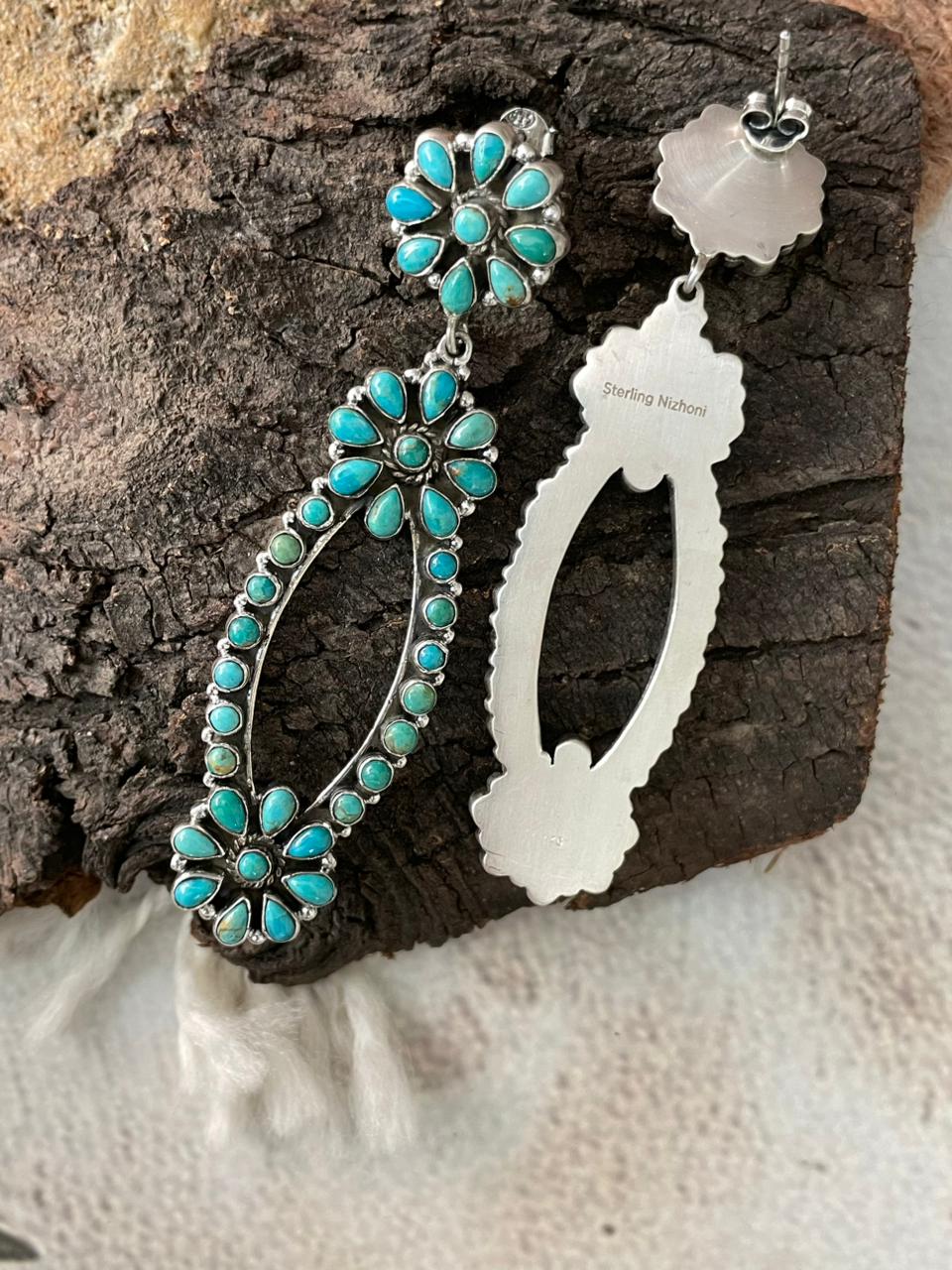 Handmade Sterling Silver Kingaman Turquoise Post Dangle Earrings "Signed Nizhoni"
