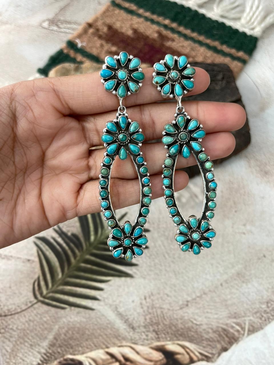 Handmade Sterling Silver Kingaman Turquoise Post Dangle Earrings "Signed Nizhoni"