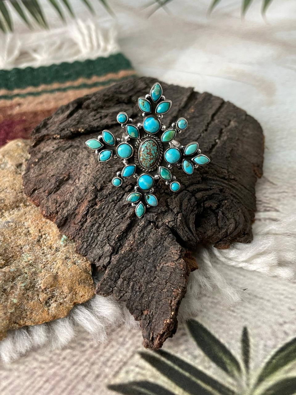 Handmade Sterling Silver Kingman with Number 8 Turquoise Adjustable Ring "Signed Nizhoni"