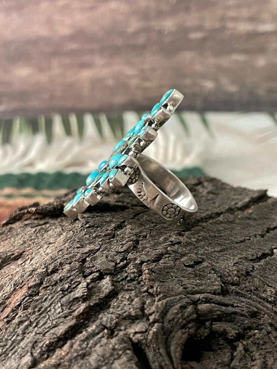 Handmade Sterling Silver Kingman with Number 8 Turquoise Adjustable Ring "Signed Nizhoni"
