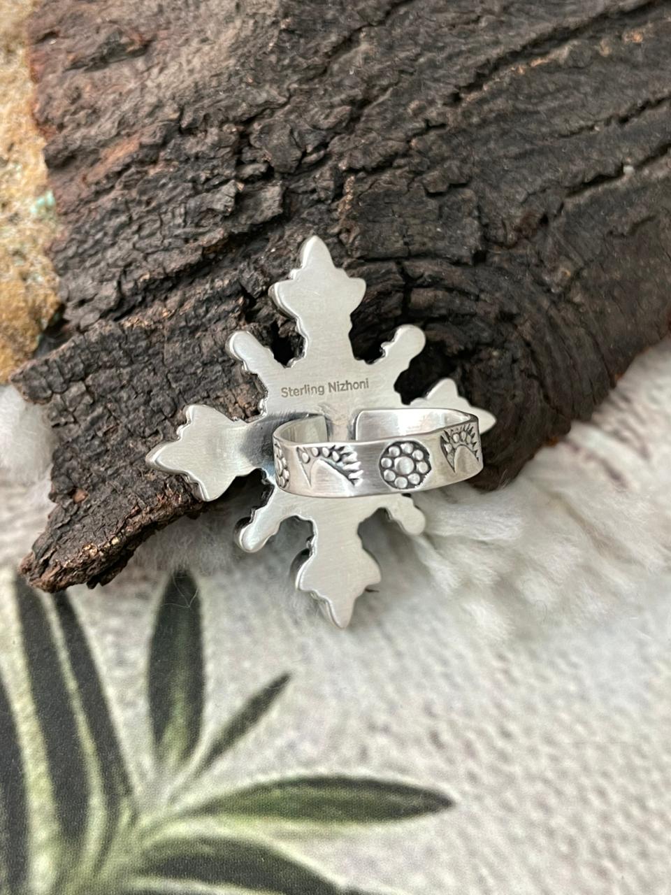 Handmade Sterling Silver Kingman with Number 8 Turquoise Adjustable Ring "Signed Nizhoni"