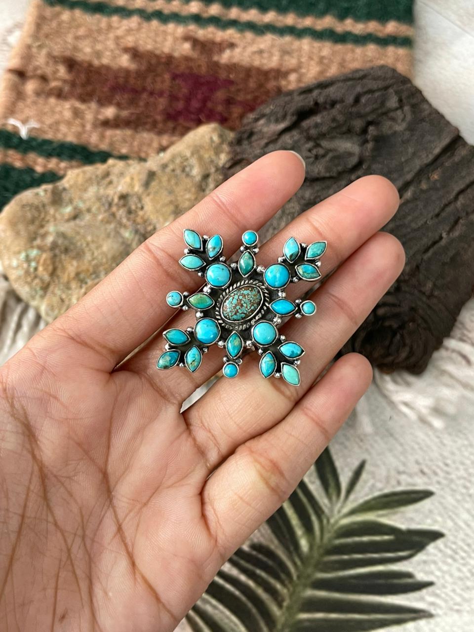 Handmade Sterling Silver Kingman with Number 8 Turquoise Adjustable Ring "Signed Nizhoni"