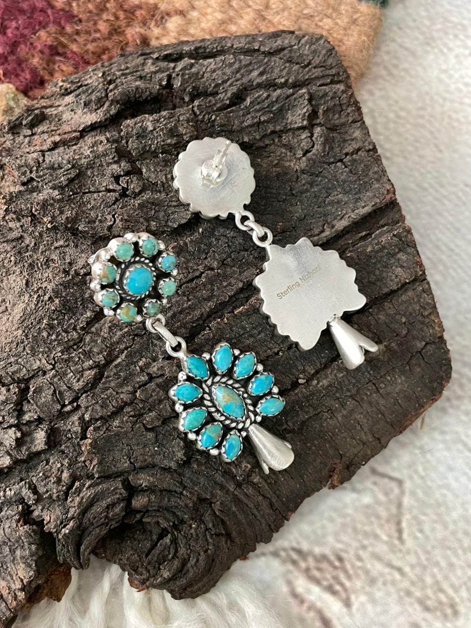 Handmade Sterling Silver Kingaman Turquoise Post Dangle Earrings "Signed Nizhoni"