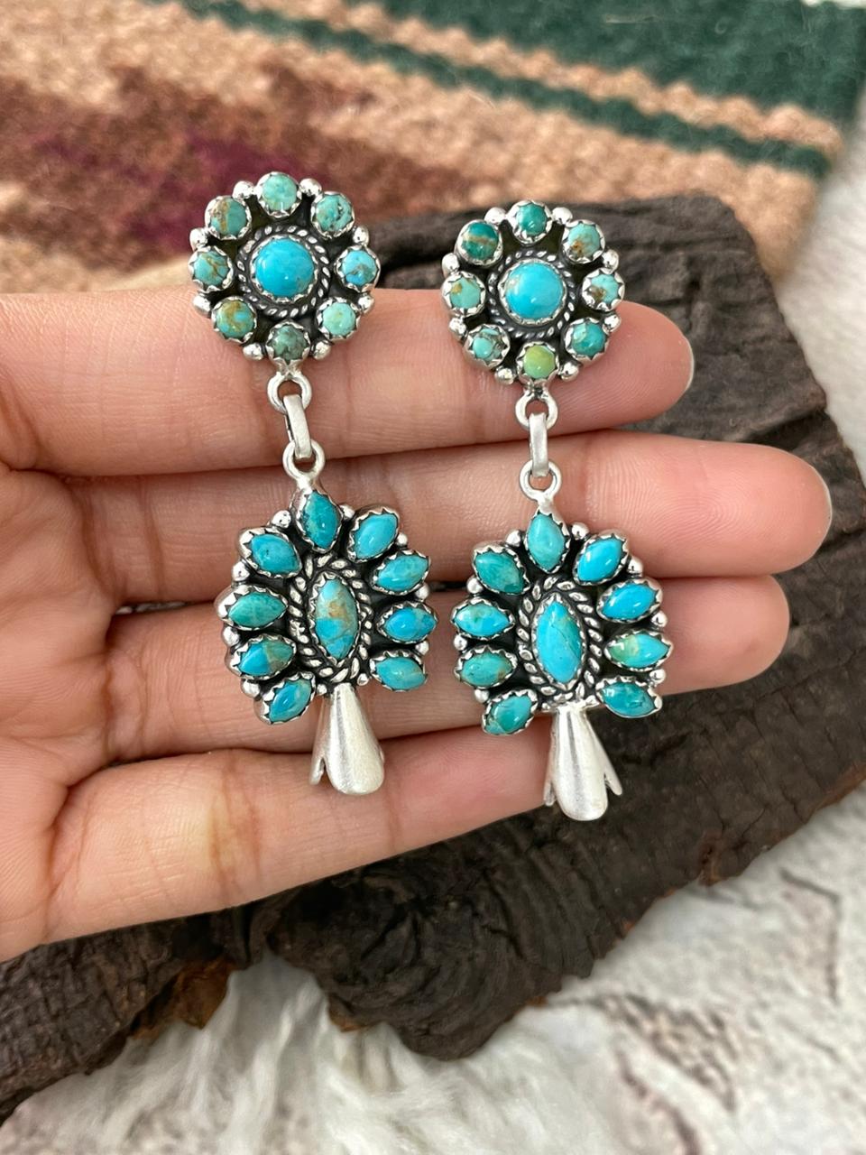 Handmade Sterling Silver Kingaman Turquoise Post Dangle Earrings "Signed Nizhoni"