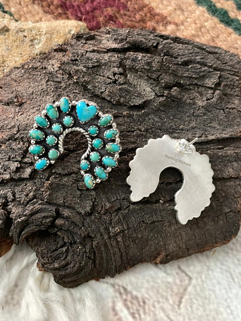 Handmade Sterling Silver Kingman Turquoise Post Studs Naja Earrings "Signed Nizhoni"