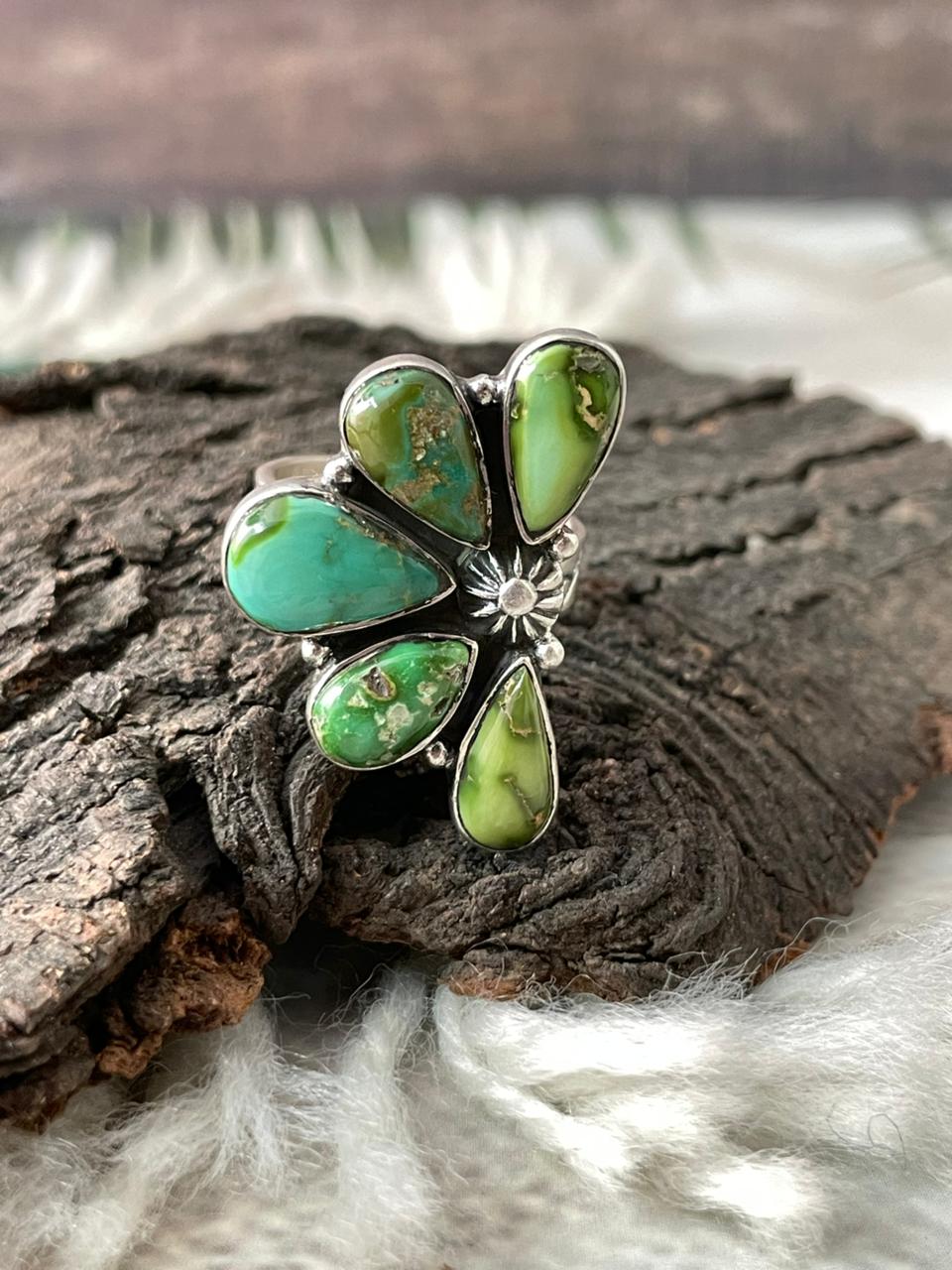 Handmade Sterling Silver Sonoran Mountain Turquoise Adjustable Ring "Signed Nizhoni"