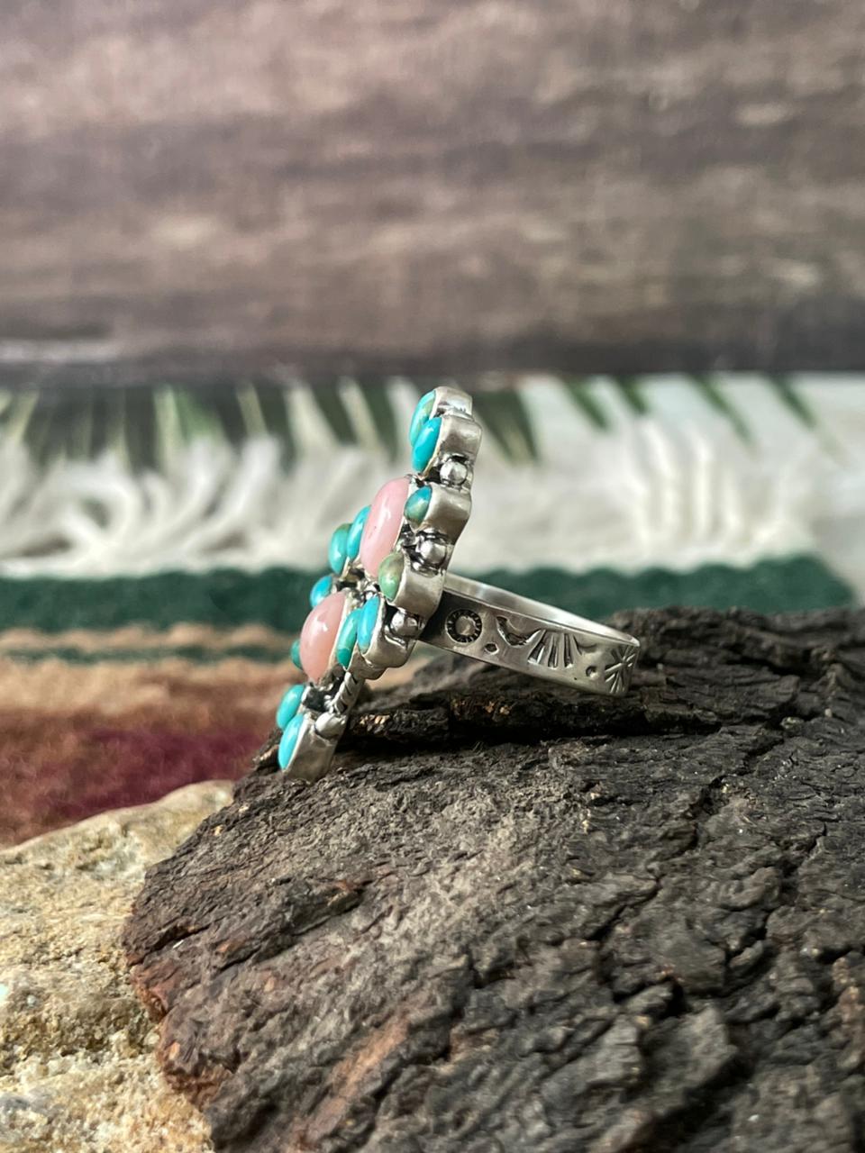 Handmade Sterling Silver Kingman Turquoise with Pink Opal Adjustable Ring "Signed Nizhoni"