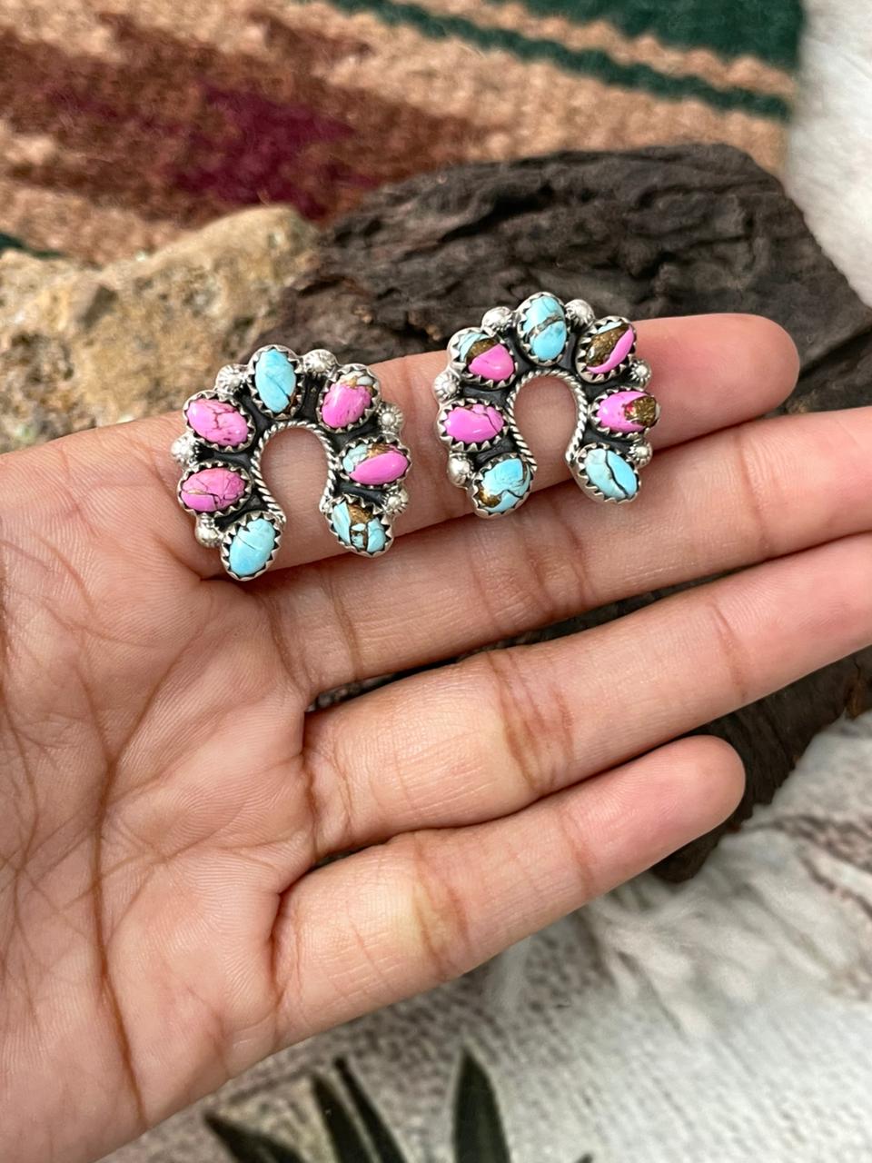 Handmade Sterling Silver Cotton Candy Post Studs Naja Earrings "Signed Nizhoni"