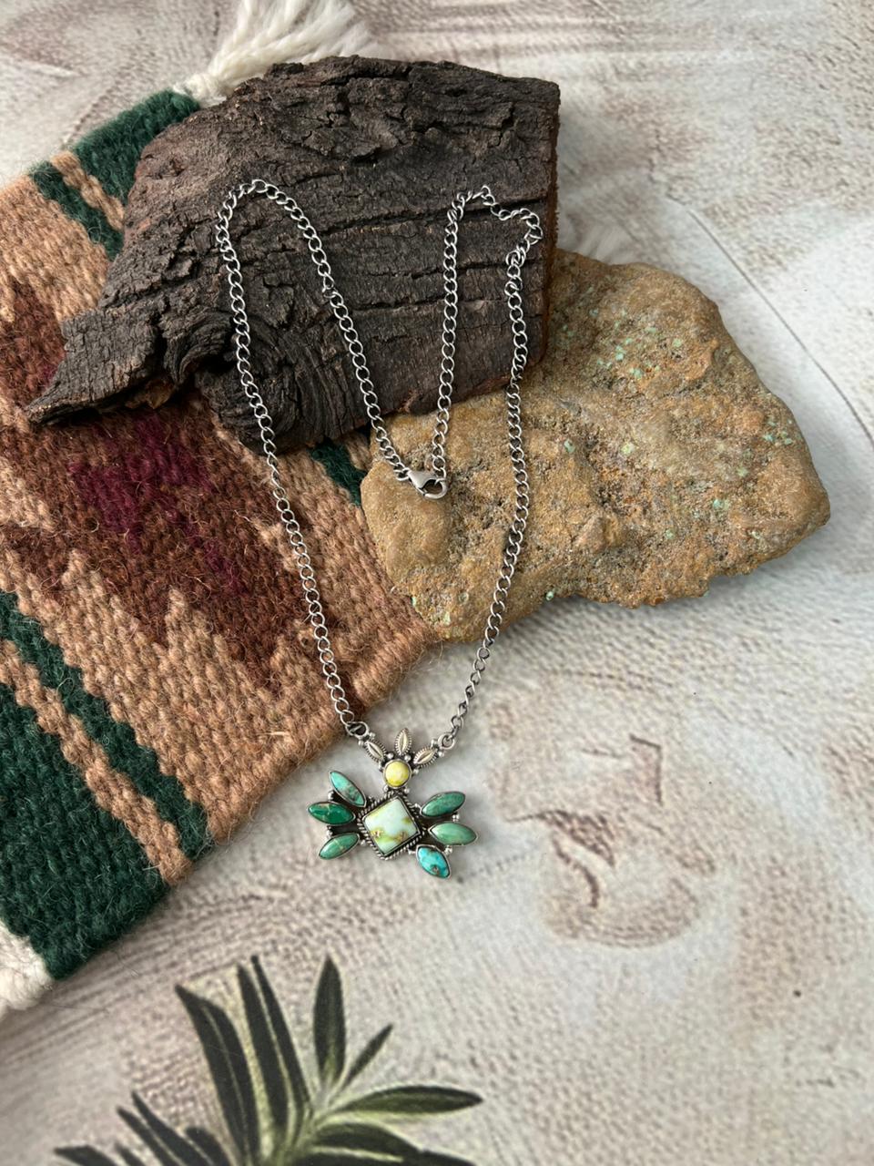 Handmade Sterling Silver Palomino with Emerald Valley Turquoise Necklace "Signed Nizhoni"