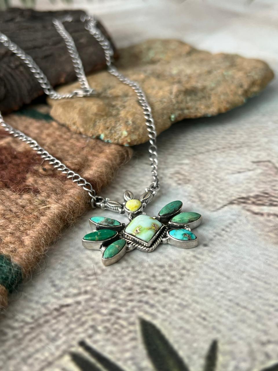 Handmade Sterling Silver Palomino with Emerald Valley Turquoise Necklace "Signed Nizhoni"