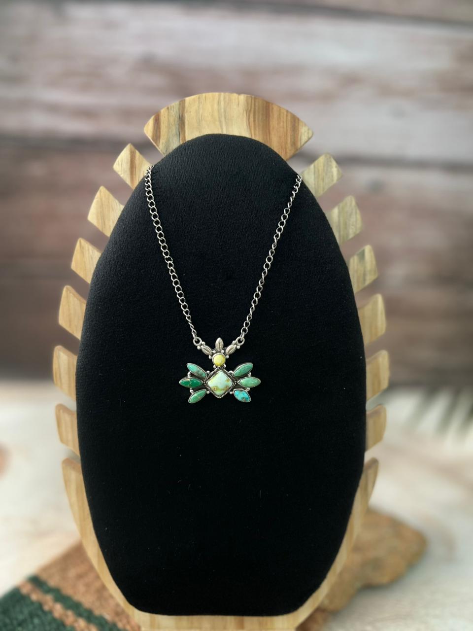 Handmade Sterling Silver Palomino with Emerald Valley Turquoise Necklace "Signed Nizhoni"