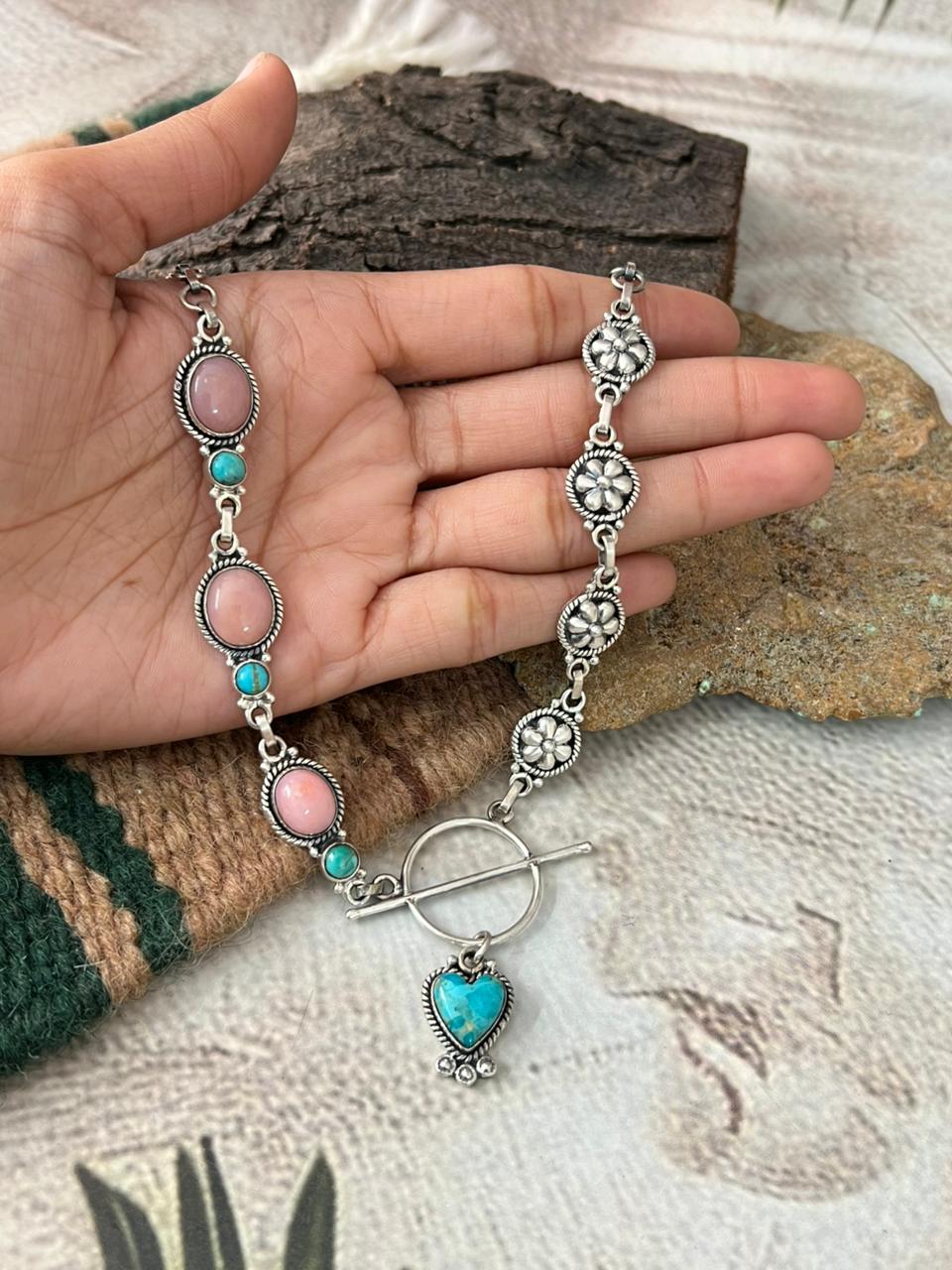 Handmade Sterling Silver Kingman with Pink Opal Necklace "Signed Nizhoni"