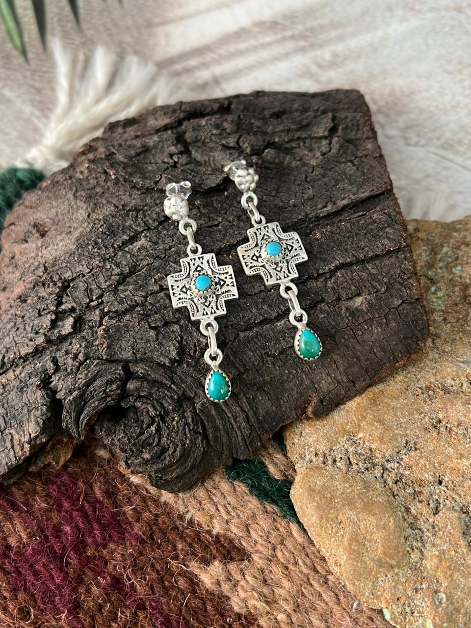 Handmade Sterling Silver Cross Kingman Turquoise Post Dangle Earrings "Signed Nizhoni"