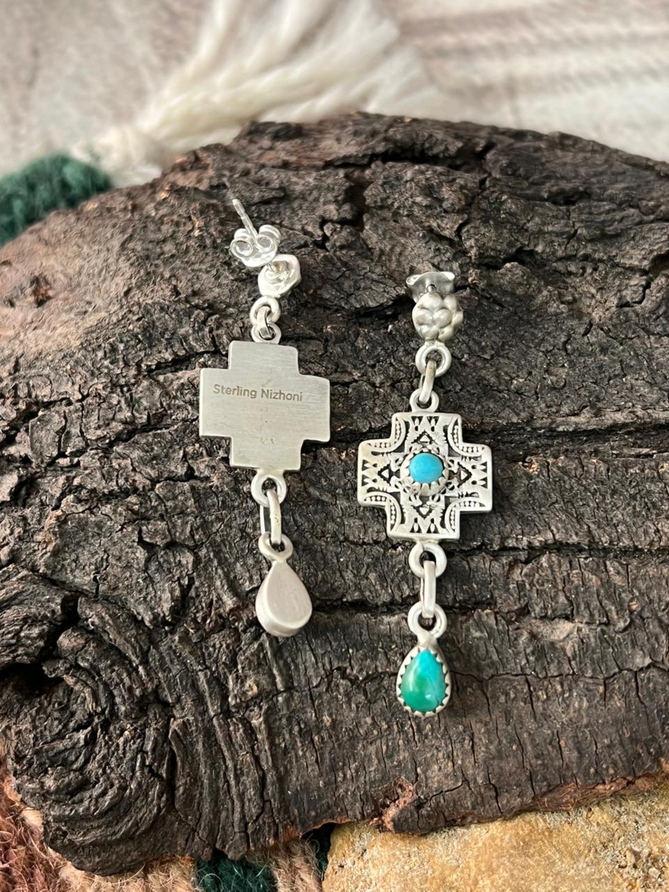 Handmade Sterling Silver Cross Kingman Turquoise Post Dangle Earrings "Signed Nizhoni"