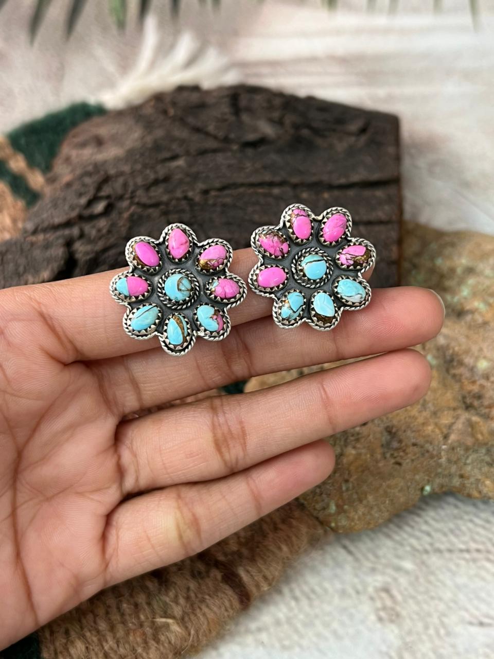 Handmade Sterling Silver Cotton Candy Post Studs Earrings "Signed Nizhoni"