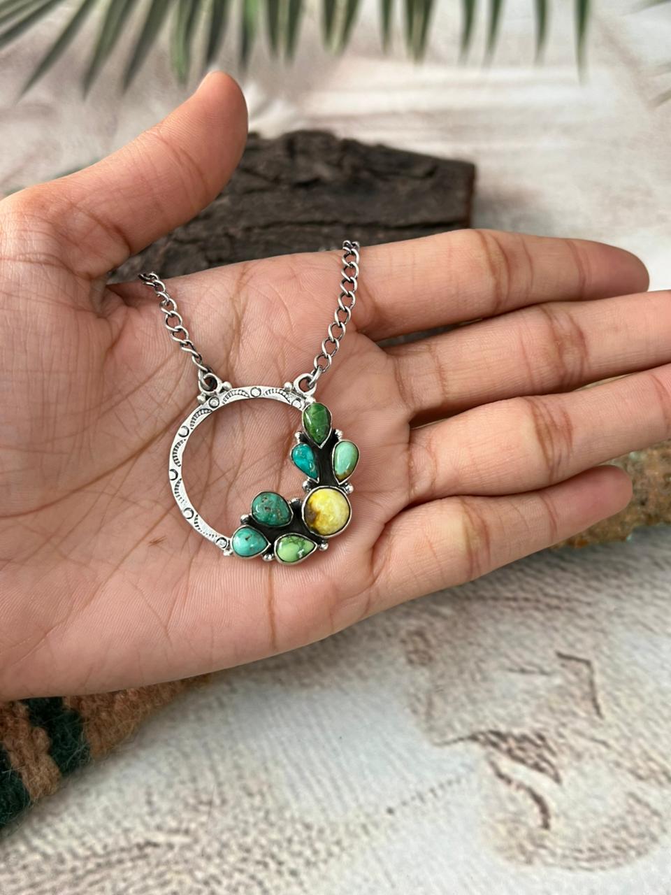 Handmade Sterling Silver Palomino with Emerald Valley Turquoise Necklace "Signed Nizhoni"