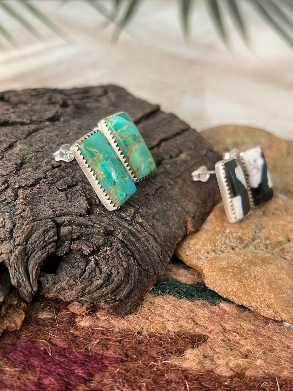 Handmade Sterling Silver Kingaman Turquoise and White Buffalo Post Studs Earrings "Signed Nizhoni"