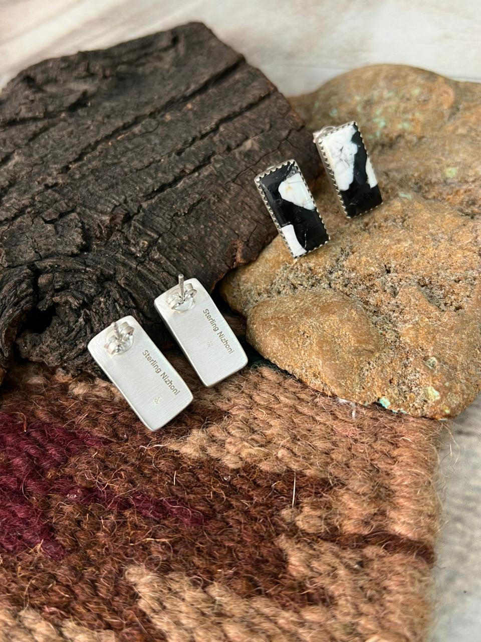 Handmade Sterling Silver Kingaman Turquoise and White Buffalo Post Studs Earrings "Signed Nizhoni"