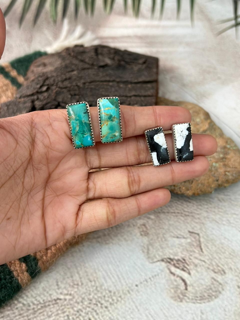 Handmade Sterling Silver Kingaman Turquoise and White Buffalo Post Studs Earrings "Signed Nizhoni"