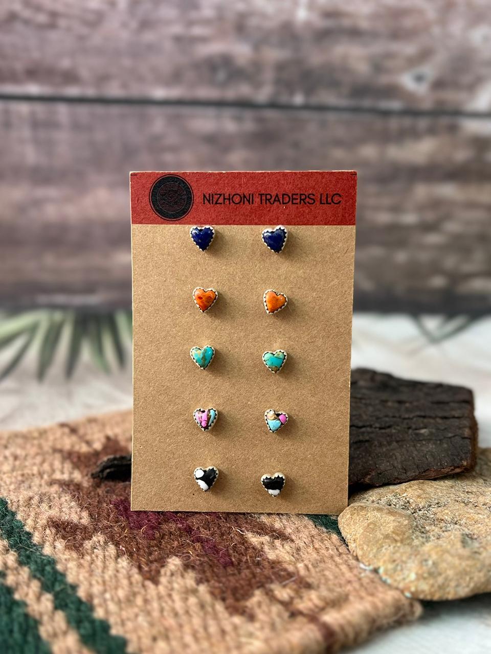 Handmade Sterling Silver Lapis, Orange Mojave, Kingman, Cotton Candy and White Buffalo Turquoise Post Studs Heart Earrings Card Set