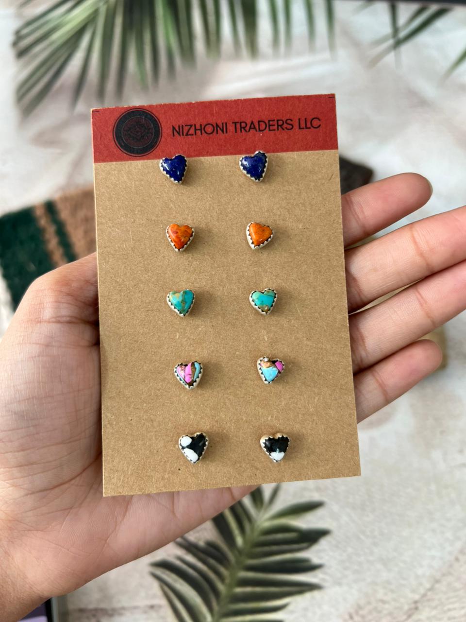 Handmade Sterling Silver Lapis, Orange Mojave, Kingman, Cotton Candy and White Buffalo Turquoise Post Studs Heart Earrings Card Set