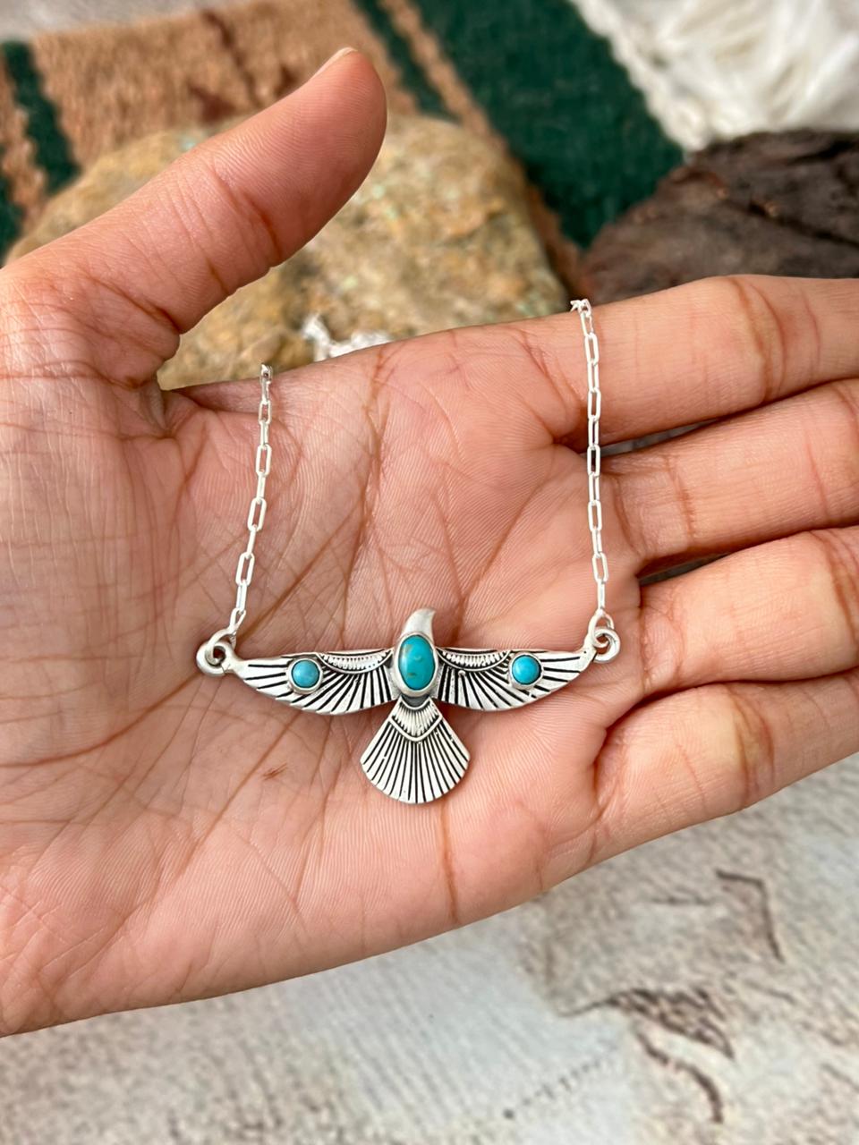 Handmade Sterling Silver Kingman Turquoise Thunderbird Necklace "Signed Nizhoni"