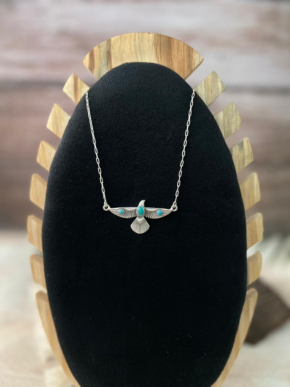 Handmade Sterling Silver Kingman Turquoise Thunderbird Necklace "Signed Nizhoni"