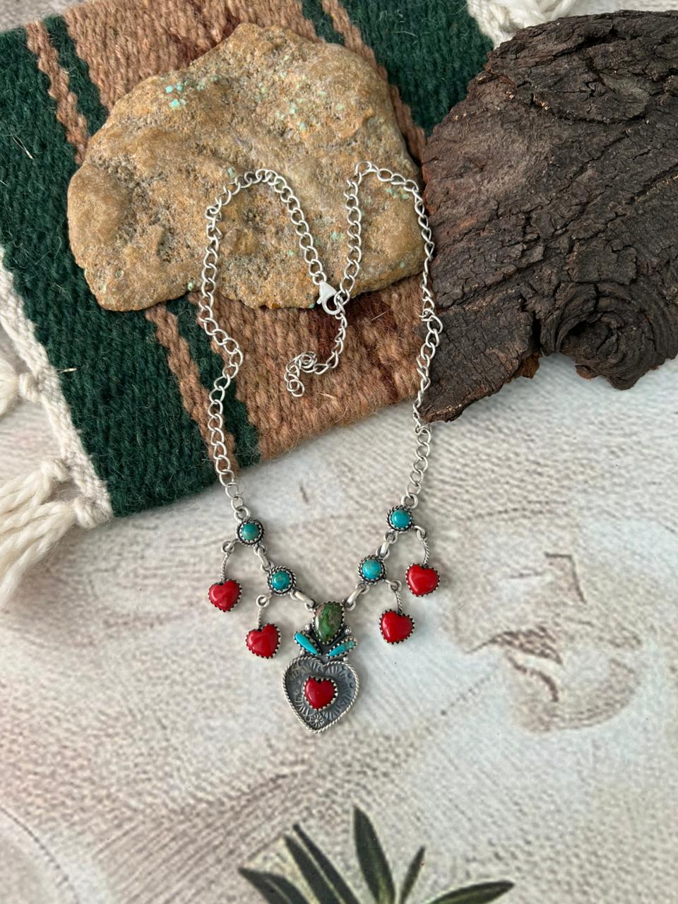 Handmade Sterling Silver Rosarita with Sonoran and Kingman Turquoise Necklace "Signed Nizhoni"