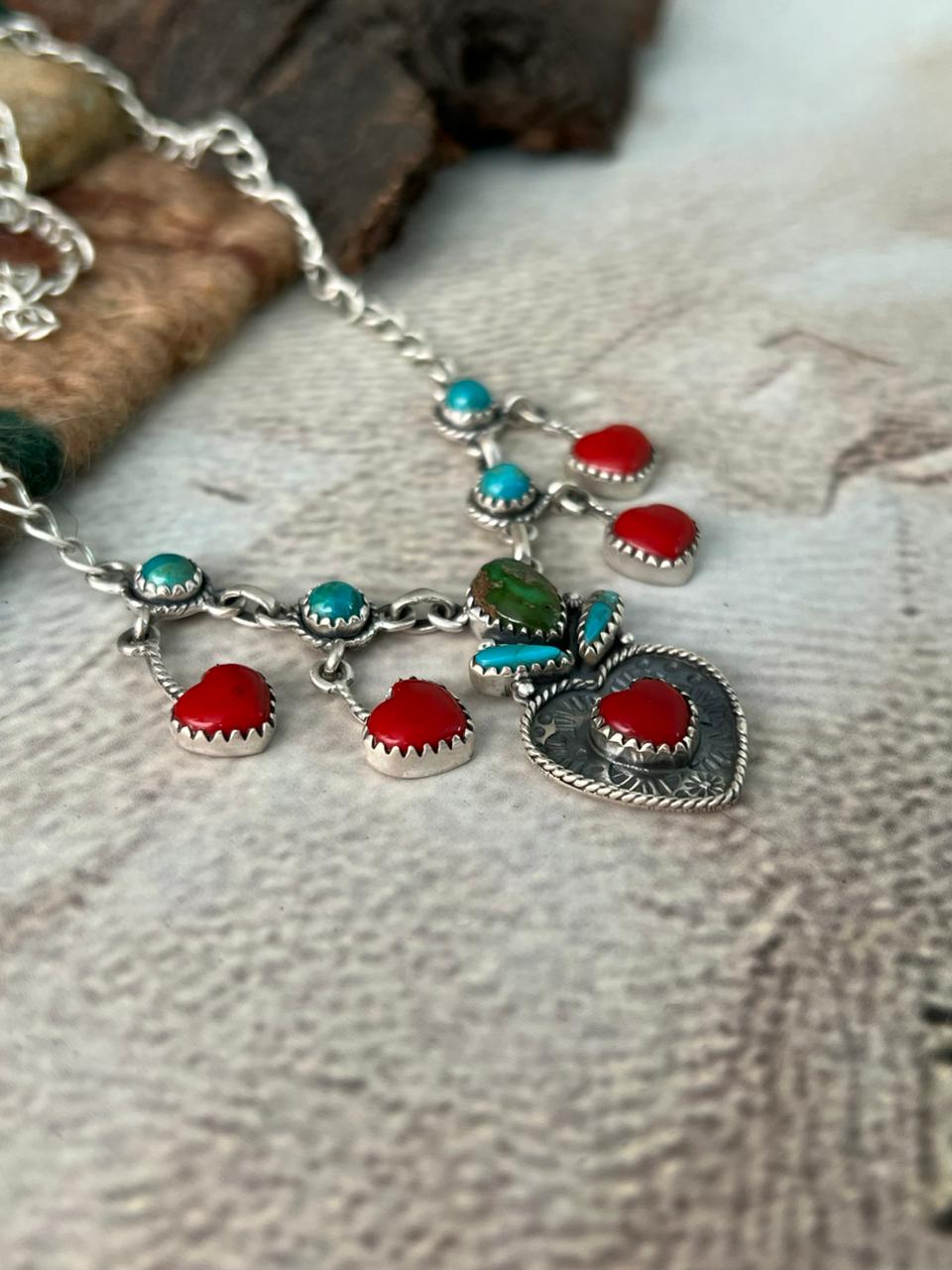 Handmade Sterling Silver Rosarita with Sonoran and Kingman Turquoise Necklace "Signed Nizhoni"