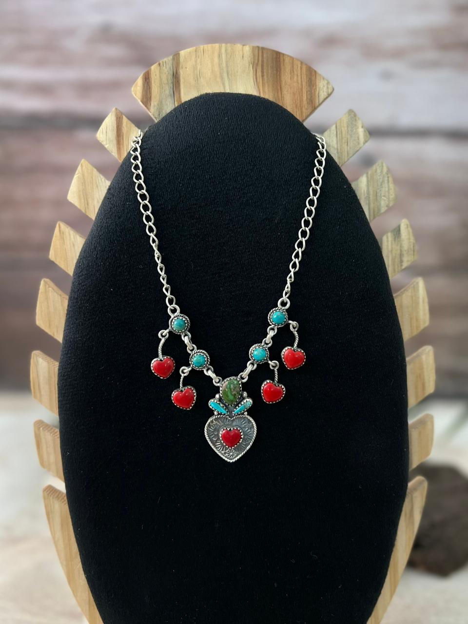 Handmade Sterling Silver Rosarita with Sonoran and Kingman Turquoise Necklace "Signed Nizhoni"