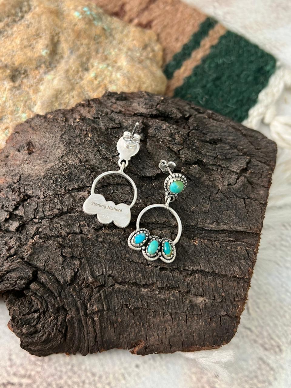 Handmade Sterling Silver Kingman Turquoise Post Dangle Hoop Earrings "Signed Nizhoni"