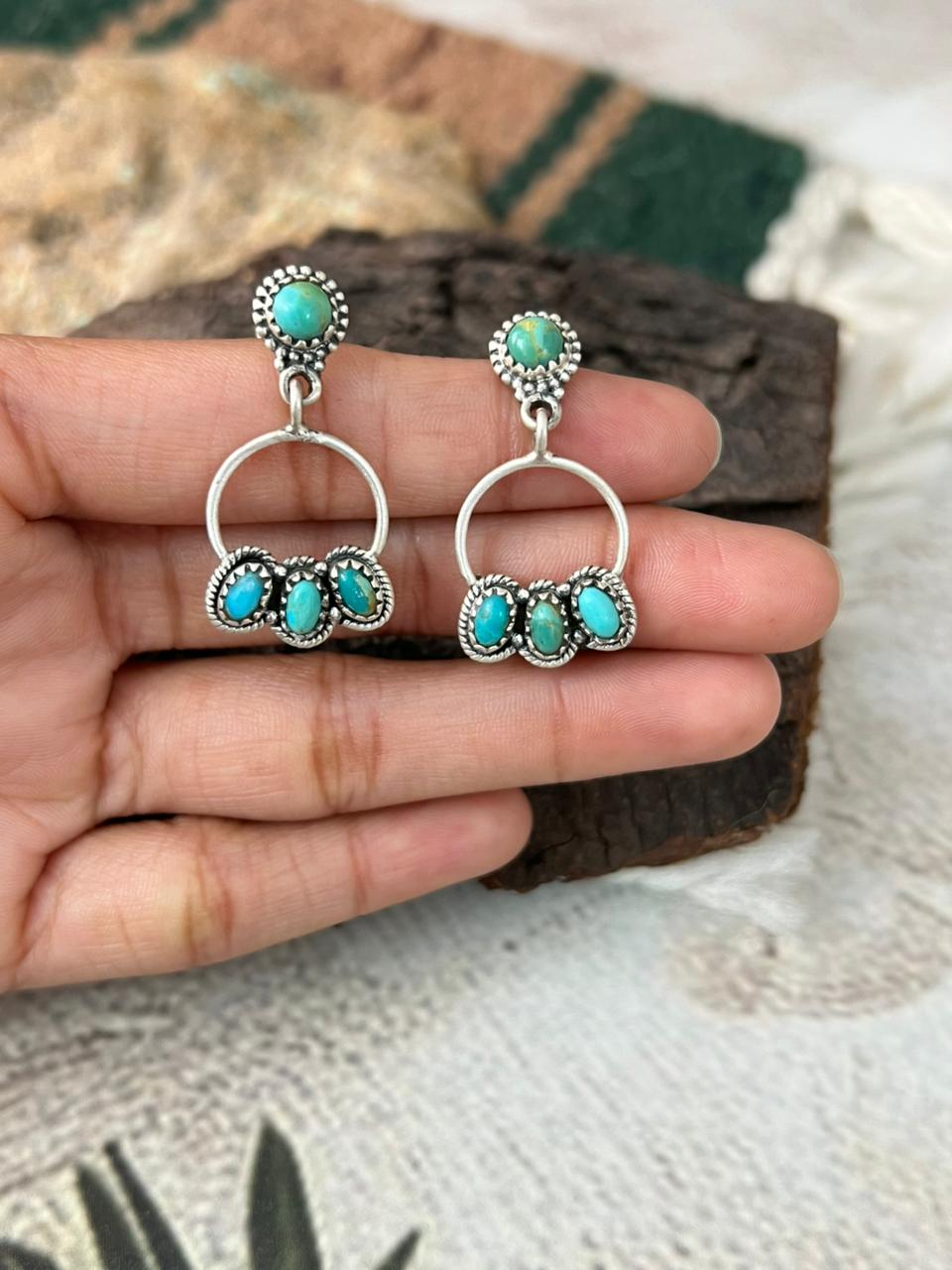 Handmade Sterling Silver Kingman Turquoise Post Dangle Hoop Earrings "Signed Nizhoni"