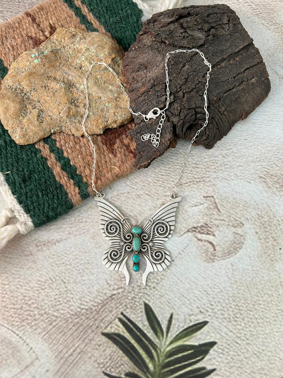 Handmade Sterling Silver Kingman Turquoise Butterfly Necklace "Signed Nizhoni"