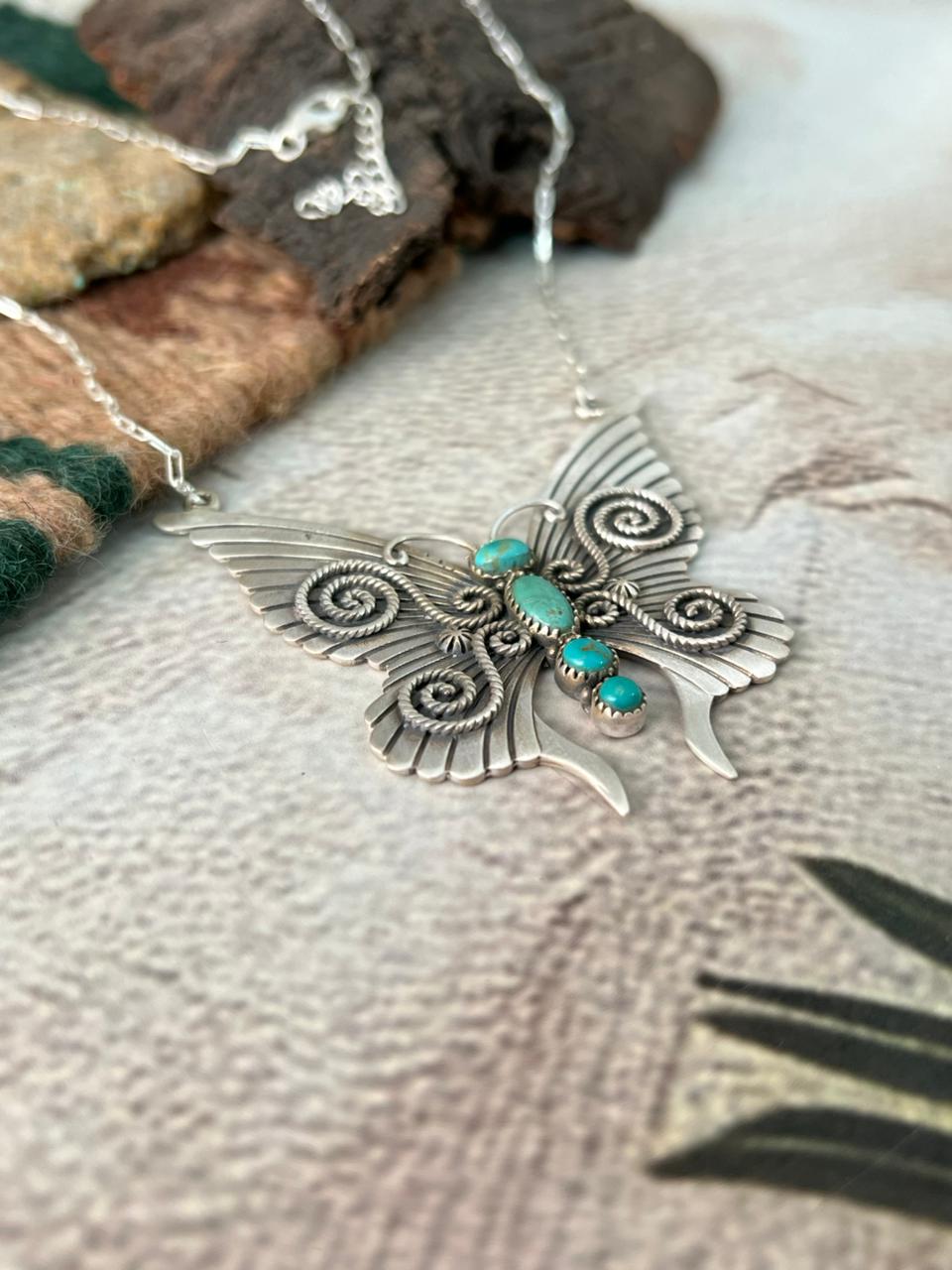 Handmade Sterling Silver Kingman Turquoise Butterfly Necklace "Signed Nizhoni"