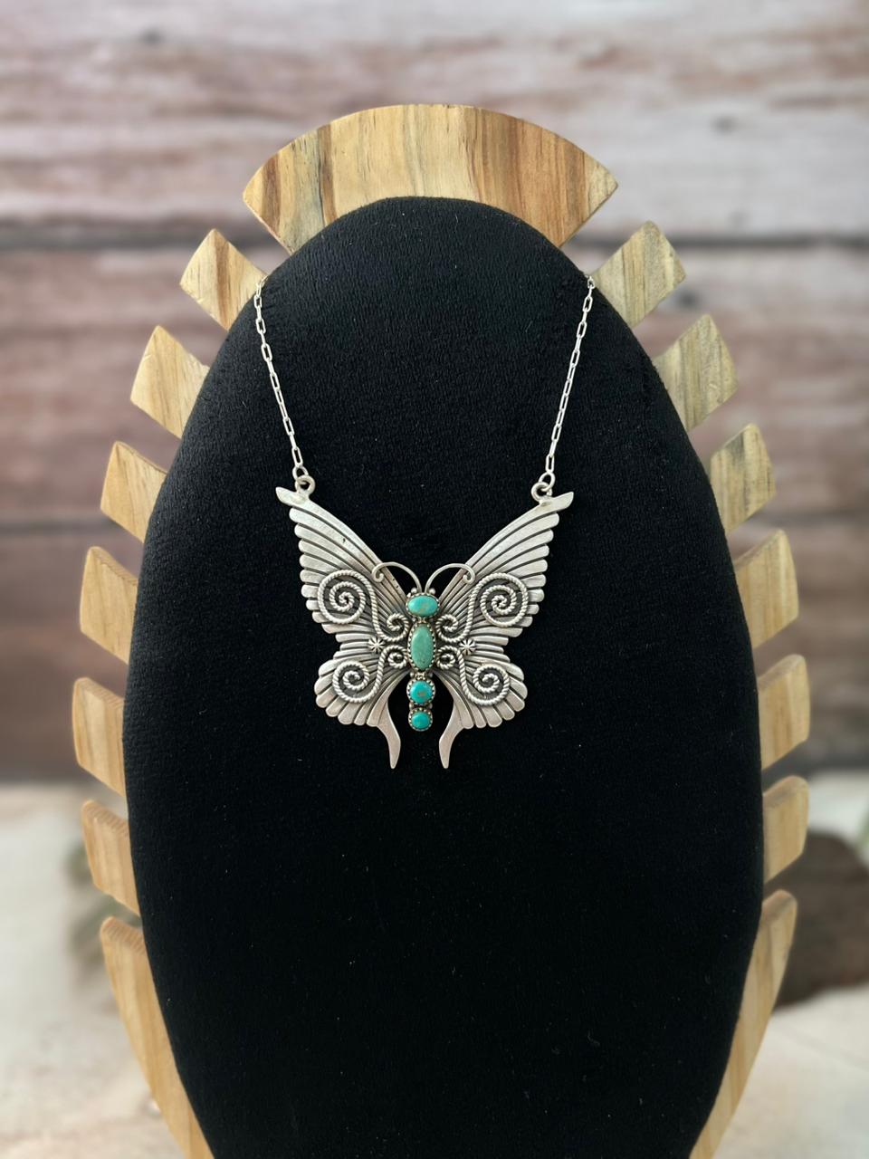 Handmade Sterling Silver Kingman Turquoise Butterfly Necklace "Signed Nizhoni"