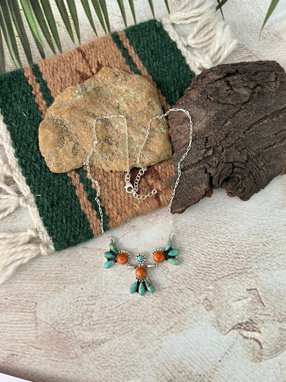 Handmade Sterling Silver Kingman Turquoise with Orange Mojave Necklace "Signed Nizhoni"