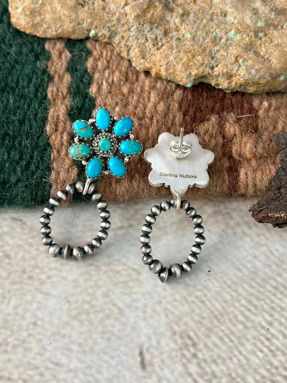 Handmade Sterling Silver Kingman Turquoise Post Dangle Beaded Hoop Earrings "Signed Nizhoni"