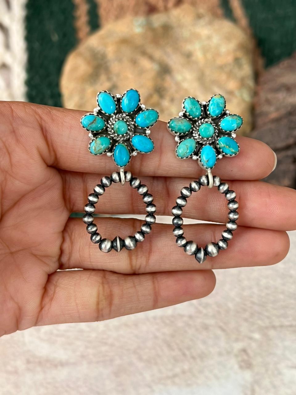 Handmade Sterling Silver Kingman Turquoise Post Dangle Beaded Earrings "Signed Nizhoni"