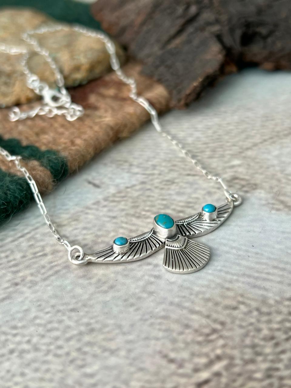 Handmade Sterling Silver Kingman Turquoise Thunderbird Necklace "Signed Nizhoni"