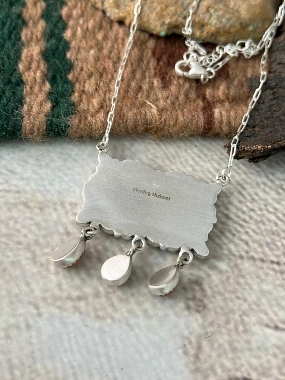 Handmade Sterling Silver Kingman Turquoise with Orange Mojave Necklace "Signed Nizhoni"