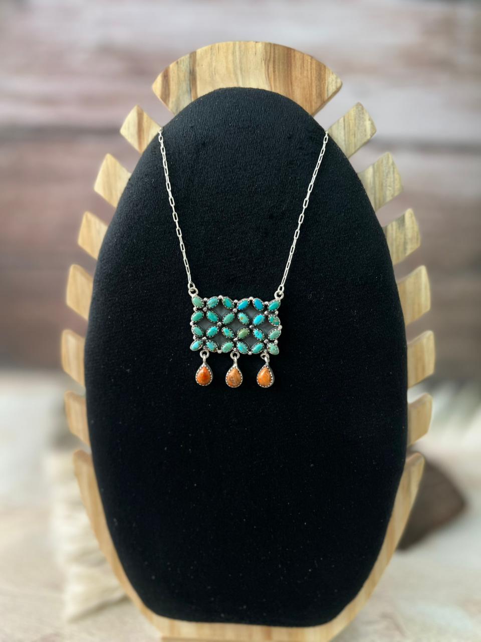 Handmade Sterling Silver Kingman Turquoise with Orange Mojave Necklace "Signed Nizhoni"