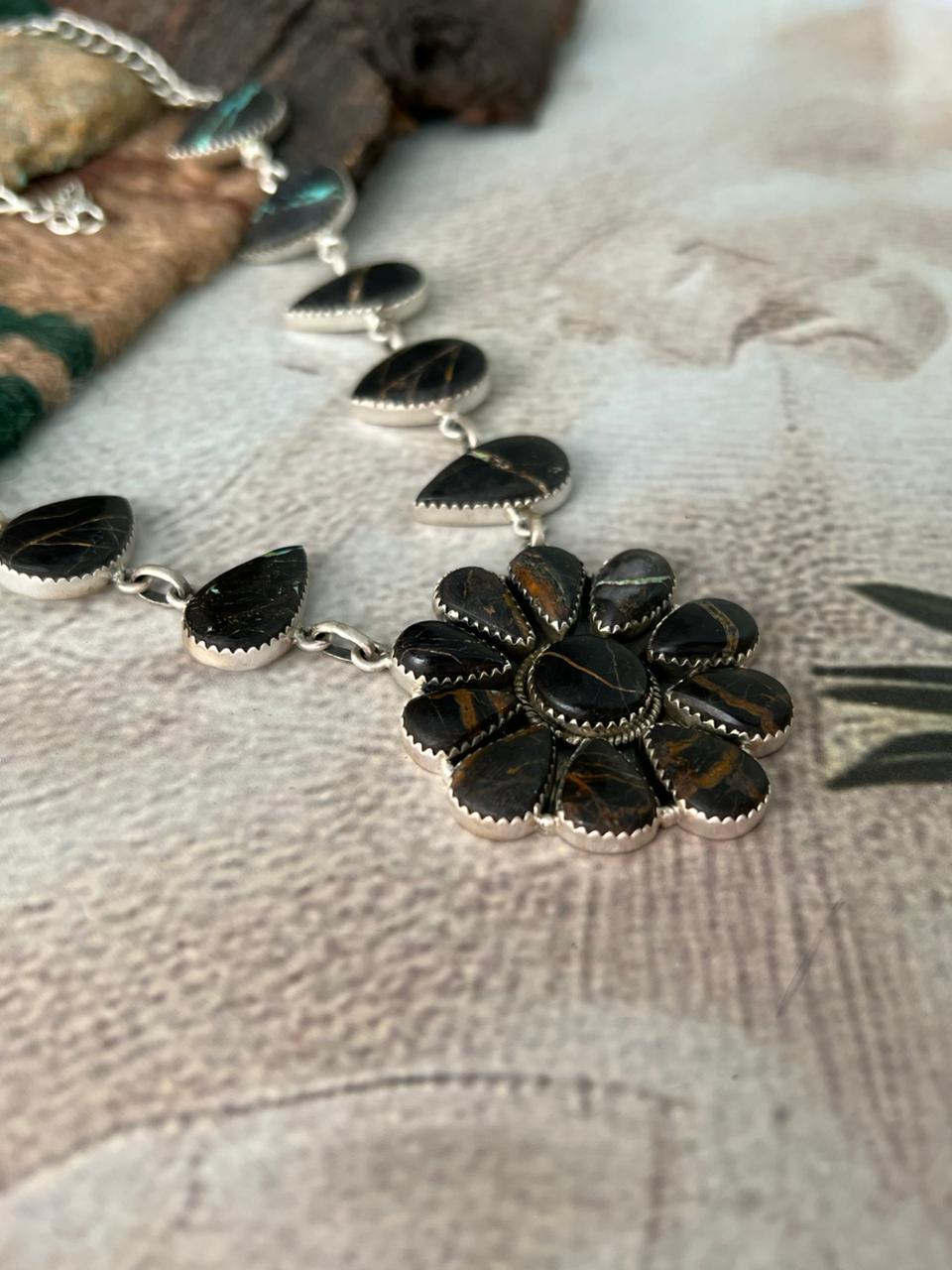 Handmade Sterling Silver Blackjack Turquoise Necklace "Signed Nizhoni"