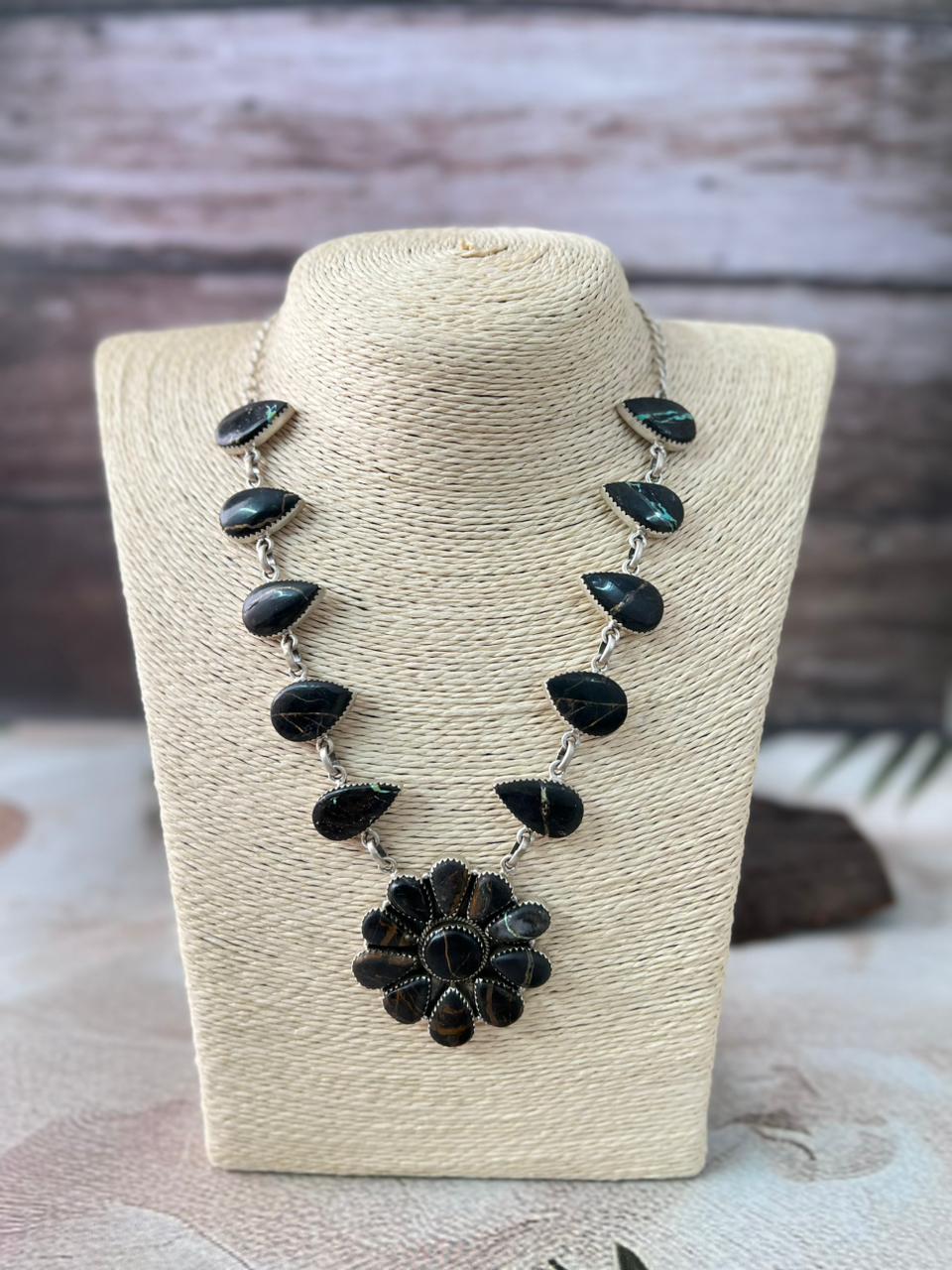 Handmade Sterling Silver Blackjack Turquoise Necklace "Signed Nizhoni"