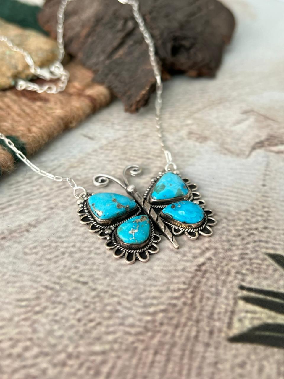 Handmade Sterling Silver White Water Turquoise Butterfly Necklace "Signed Nizhoni"